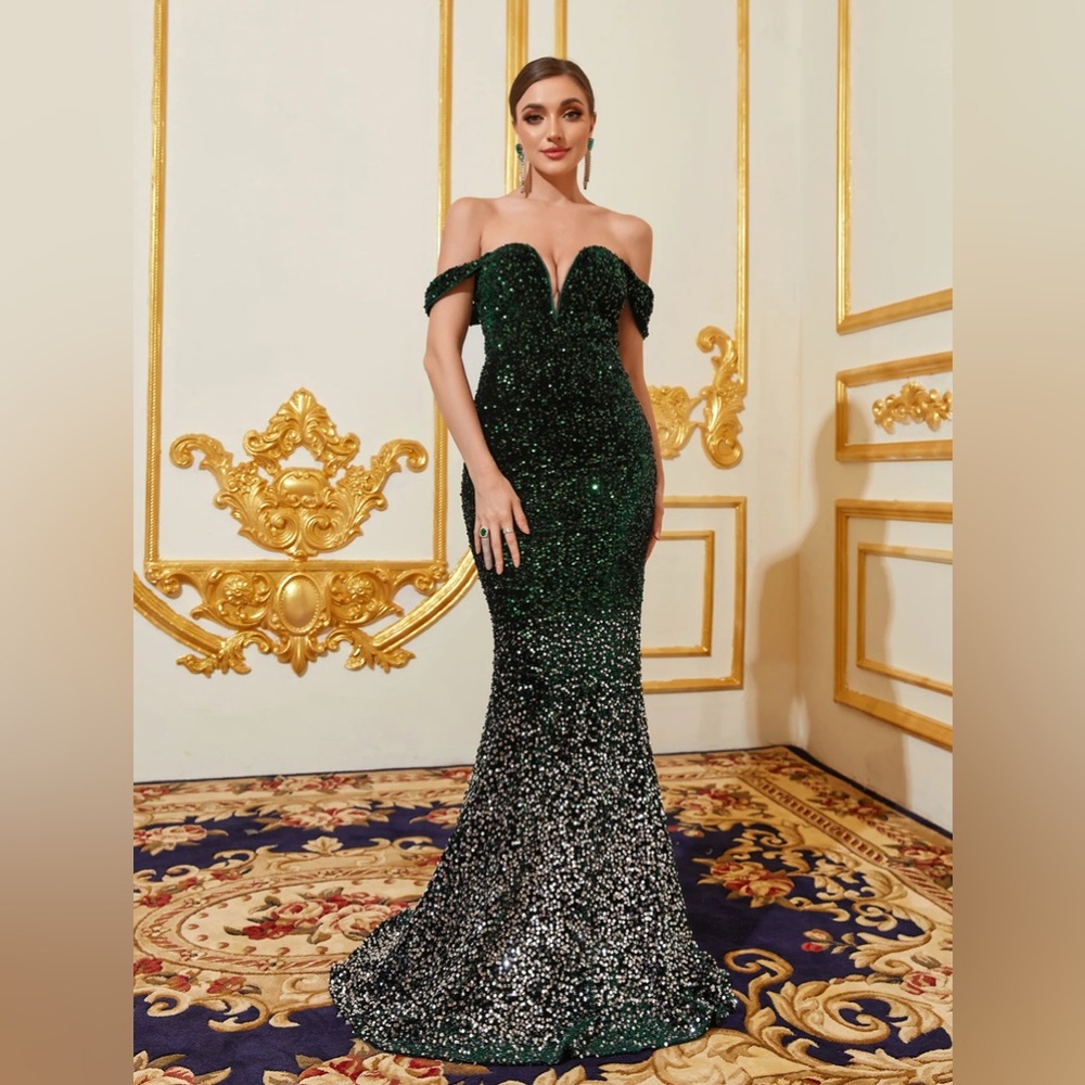 Off Shoulder Puff Sleeves Sequin Mermaid Prom Dress